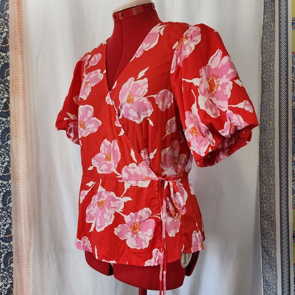OLD NAVY Red Floral Wrap Blouse Puffy Sleeves Size L - Picture 2 of 6